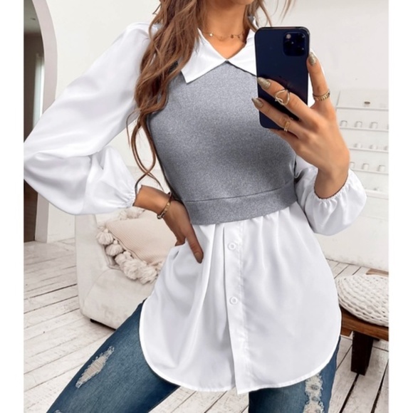 Solid Vest Over Shirt Button Detail Collar Blouse - Picture 3 of 8